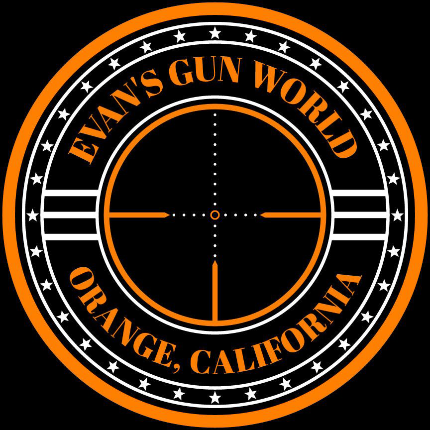 Black, orange, and white Evan's Gun World official logo.